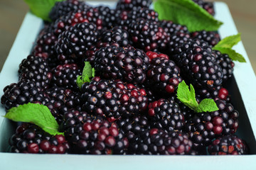 Heap of sweet blackberries with mint in box close up