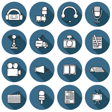 Set of objects in hand drawn catroon style on journalism theme