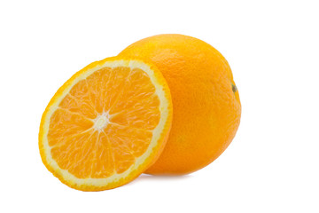sliced orange on the right isolated on white background
