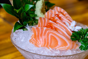 Salmon sashimi served on ice