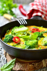 Omelet with tomatoes and broccoli.
