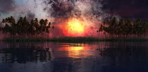 Poster Île île et coucher de soleil