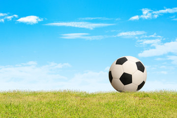 Soccer ball on grass sky background.