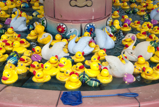 Toy ducklings and swans in a skill game at the Fair, US, 2015.