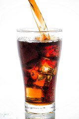 Pouring cola into glass with ice cubes