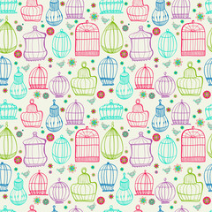 Birdcages pattern. Colorful doodle illustration.