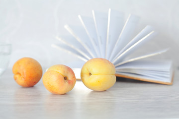 Three ripe apricots on background of open pages of book