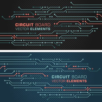 Circuit board vector decoration elements. Ready to use in computer, IT design projects. Two color version on board!