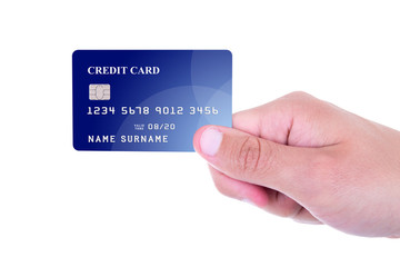 close up of male hand holding credit card isolated on white