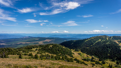 Fototapeta na wymiar View from the top of Tod Mountain at an elevation of 2152 meters in the Shuswap Highlands of central British Columbia, Canada
