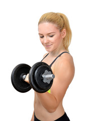 Fototapeta na wymiar Girl exercise biceps muscles with dumbbells on white background