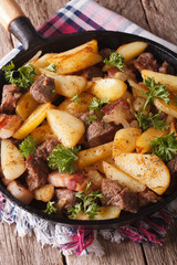 fried potatoes with meat and bacon served in a pan close-up. vertical