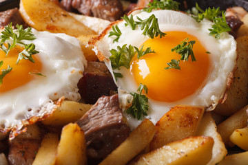fried potatoes with meat, bacon and eggs macro. horizontal background