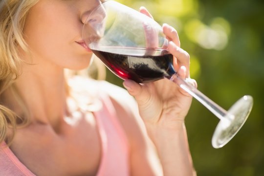 Close up view of blonde woman drinking red wine