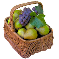 Basket with pears and grapes.