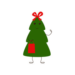 Funny Christmas tree character with bow and gift bag