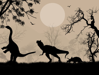 Dinosaurs silhouettes in beautiful landscape