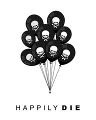 Happily Die. Set of Black balloons for funeral party. Skull with
