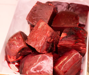Close up of Beef liver in white plastic tray