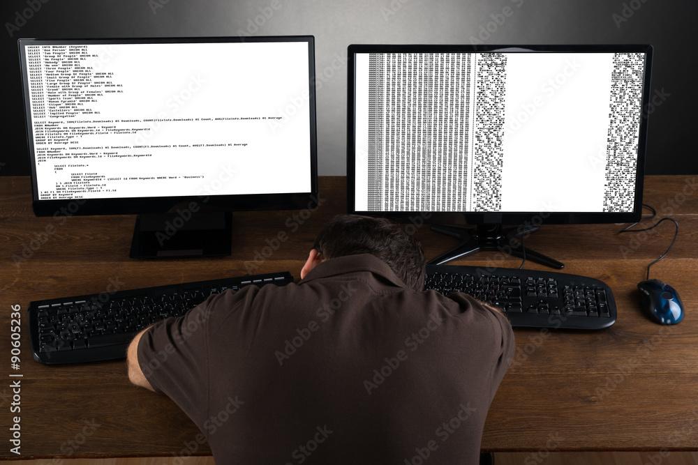 Poster Man Sleeping At Desk With Computers