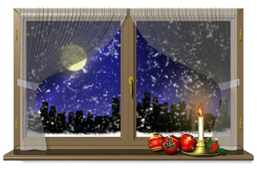 Natale alla finestra 001
Finestra con decorazione natalizia, candela con agrifoglio e palle di Natale, che si affaccia su paesaggio invernale .