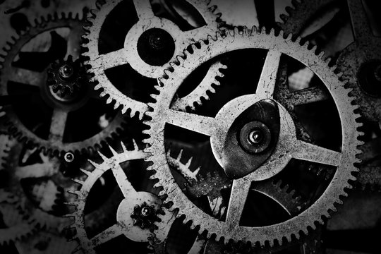 Grunge gear, cog wheels black and white background. Industrial, science