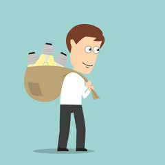 Businessman carrying idea light bulbs in bag