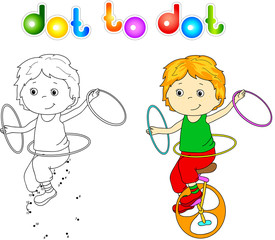 Boy riding an unicykle and juggling dot to dot
