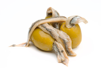 anchovy-stuffed olives in white base