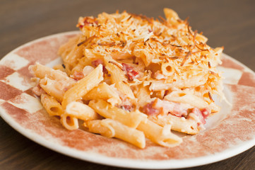 Macaroni and cheese, bacon and sausage