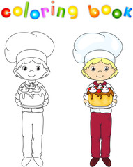 Cook or waiter in their uniform with sweet birthday cake. Colori