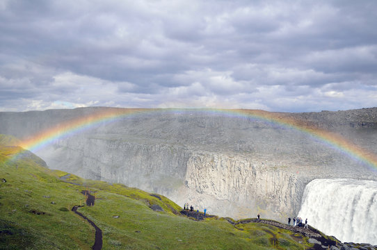 Dettifoss waterfall with rainbow the biggest in Europe