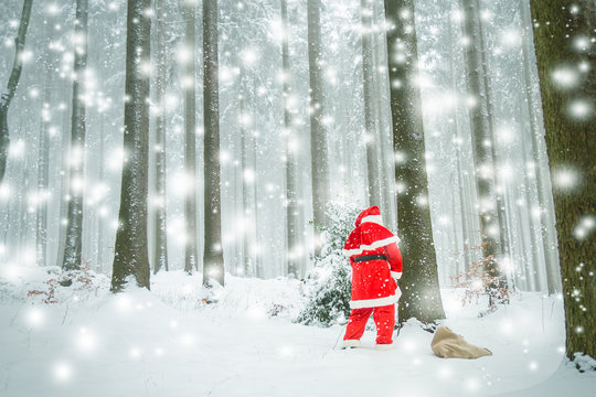 Weihnachtsmann im verschneiten Wald beim pinkeln
