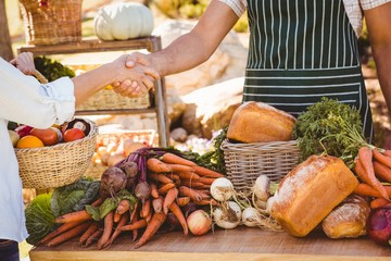 Smiling brunette customer buying vegetables