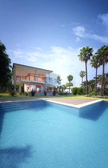 Luxury Home with Swimming Pool and Palm Trees - obrazy, fototapety, plakaty