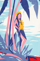 Girl standing under a tropical palm tree as a pattern on fabric. Hawaiian woman with wreath of yellow flowers  under a palm tree with blue leaves print as background.