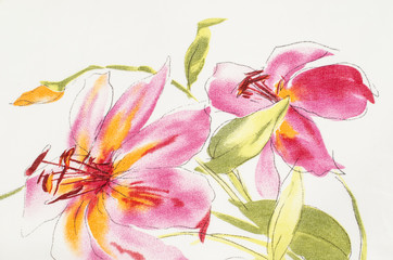 Fototapeta na wymiar Floral pattern on white fabric. Big pink flower print as background.