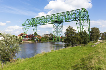 Osten transporter bridge. Historic transporter bridge at Osten, Lower Saxony, Germany