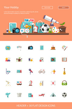 Header with modern flat design hobby icons and infographics elem