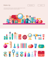 Fototapeta na wymiar Set of flat design cosmetics, make up icons and elements with