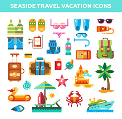Fototapeta premium Set of flat design seaside travel vacation icons and