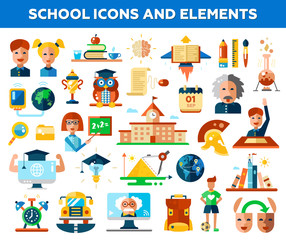 Set of school, college flat design icons and infographics
