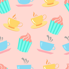 Cute cups and cakes. Vector illustration.