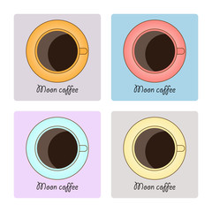 Set of four cups of coffee with text 