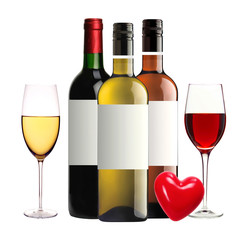 bottles of red, pink and white wine and wineglasses isolated on