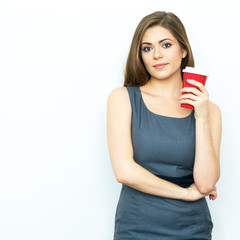 Red coffee cup. Relax time concept. Smiling business woman