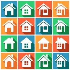 Set of flat colored simple web icons (home button, homepage, houses, real estate ), vector illustration