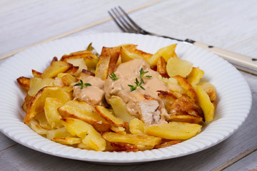 Chicken breasts in mushroom creamy sauce and home fried potatoes