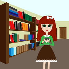 Vector, girl with a book in the library on the background of bookshelves filled
