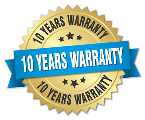 10 years warranty 3d gold badge with blue ribbon